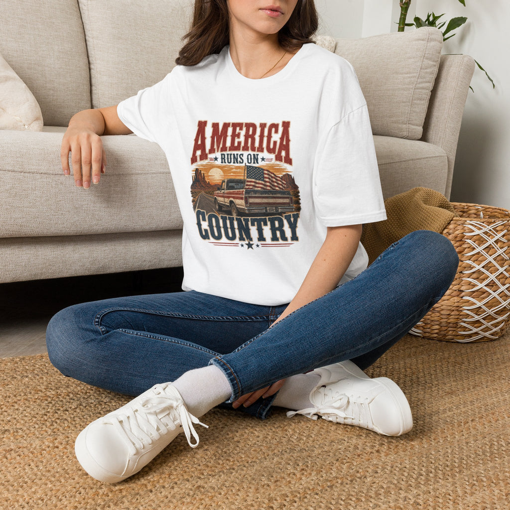 T-Shirt — "America Runs On Country" Vintage Flag & Pickup Graphic