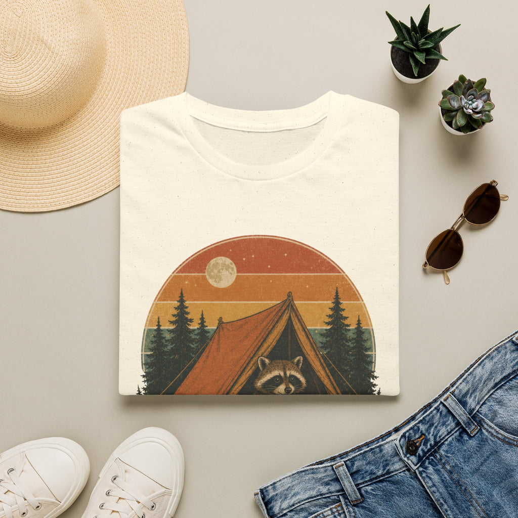 Camping Raccoon T-Shirt — Retro Sunset Tent Outdoor Graphic Tee