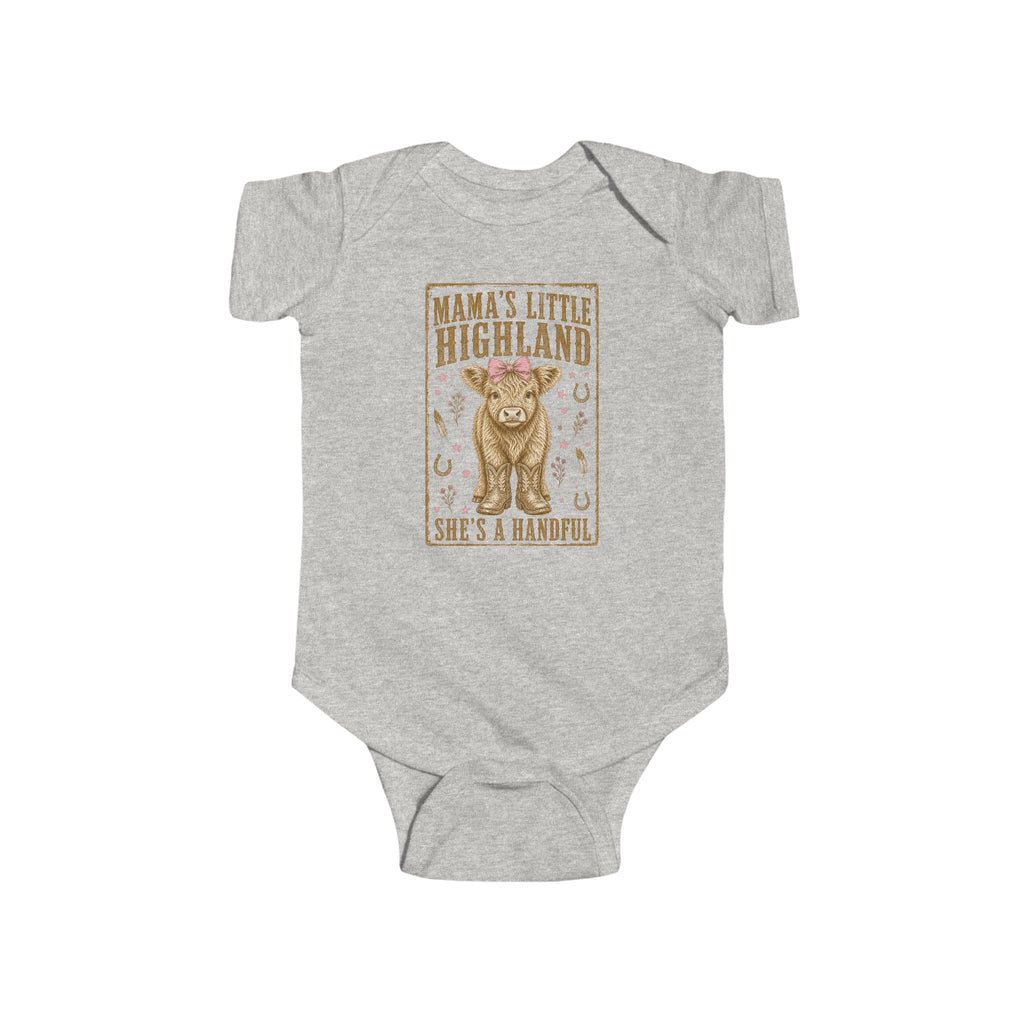 Mama’s Little Highland Baby Bodysuit — “She’s a Handful” Cute Highland Cow Infant Onesie