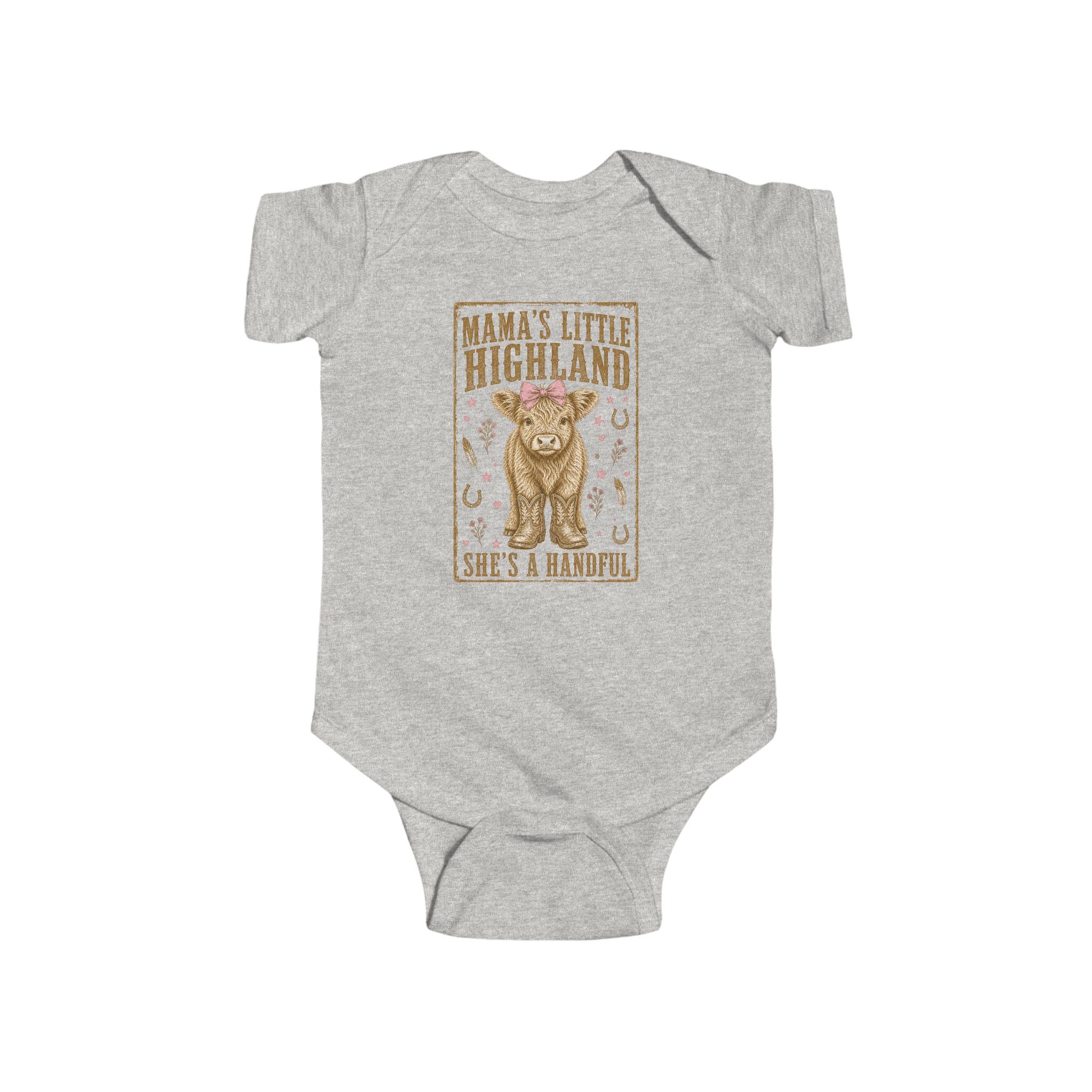 Mama’s Little Highland Baby Bodysuit — “She’s a Handful” Cute Highland Cow Infant Onesie