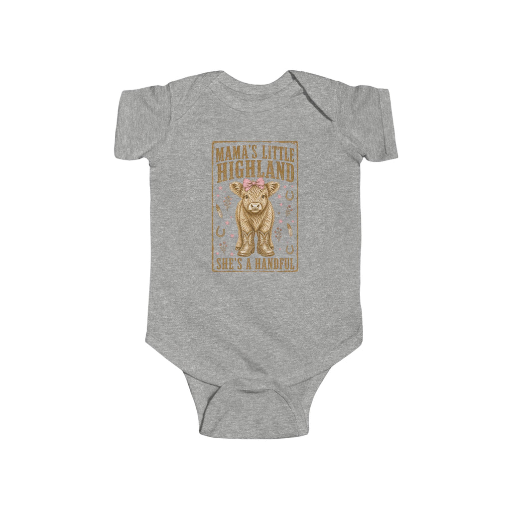 Mama’s Little Highland Baby Bodysuit — “She’s a Handful” Cute Highland Cow Infant Onesie