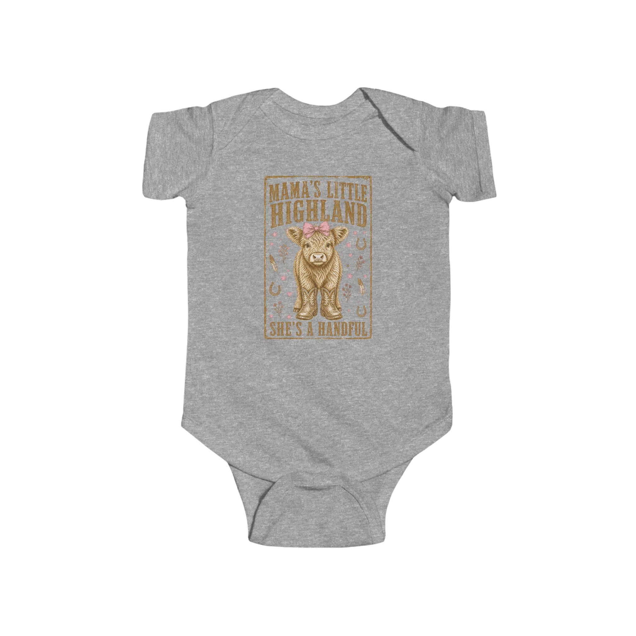 Mama’s Little Highland Baby Bodysuit — “She’s a Handful” Cute Highland Cow Infant Onesie