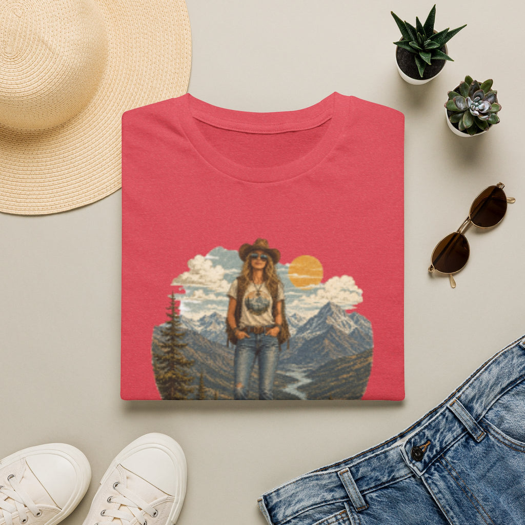 Cowgirl Mountain Adventure T‑Shirt — Vintage Sunset Hiker Graphic