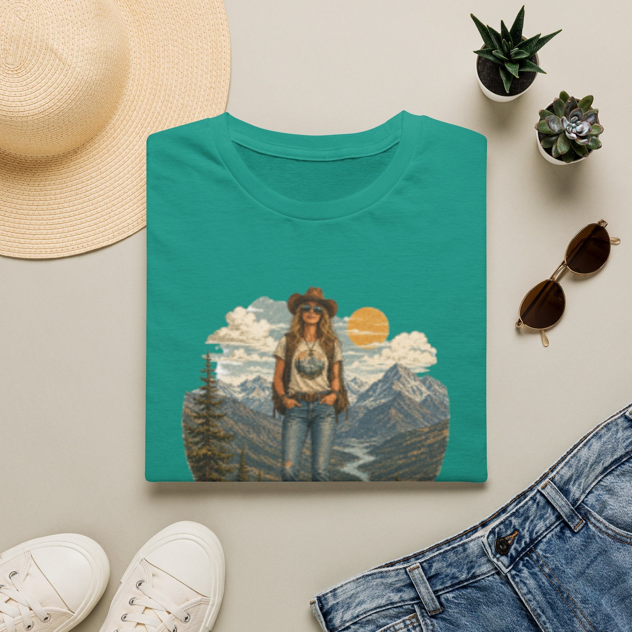 Cowgirl Mountain Adventure T‑Shirt — Vintage Sunset Hiker Graphic