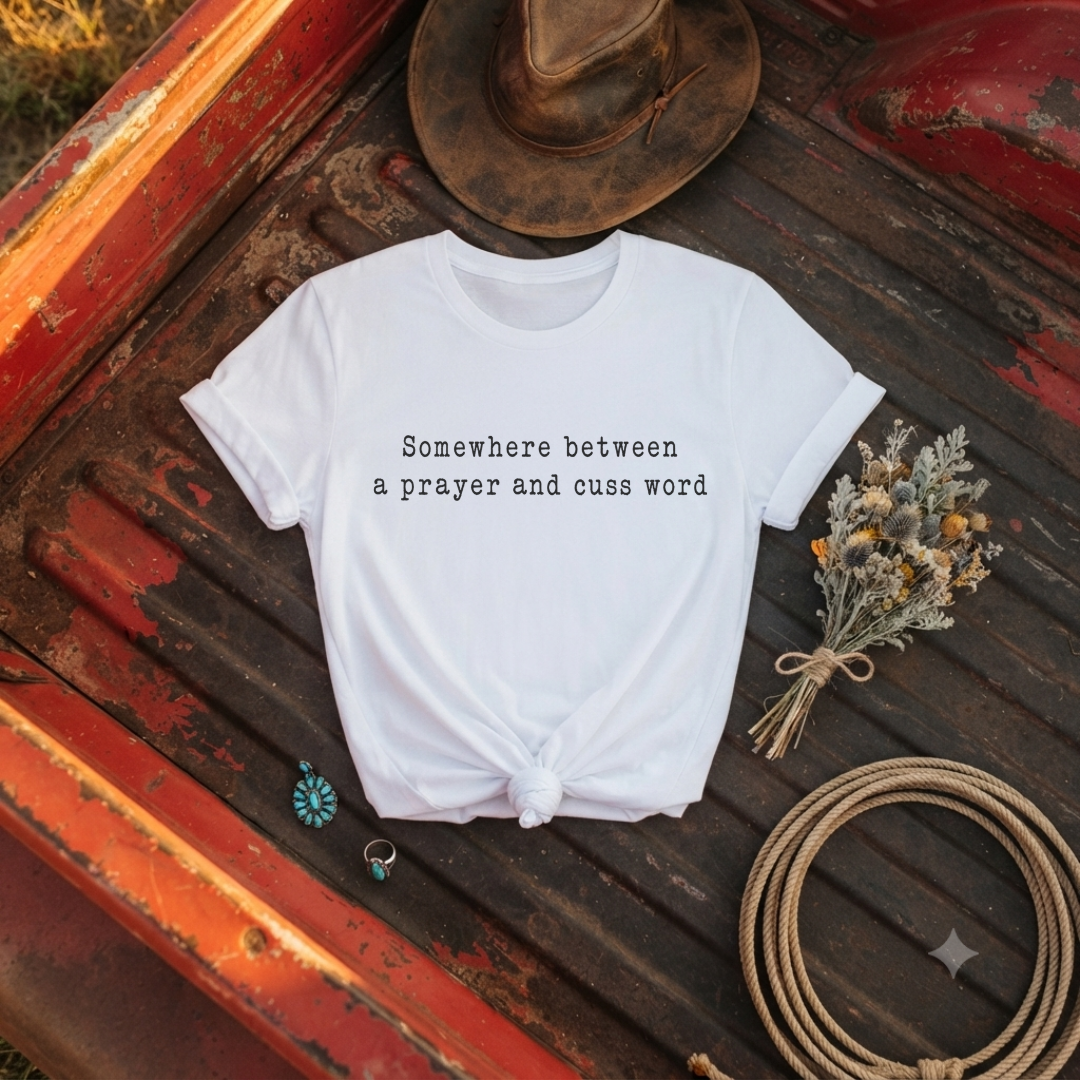 “Somewhere Between a Prayer and Cuss Word” Soft T-Shirt
