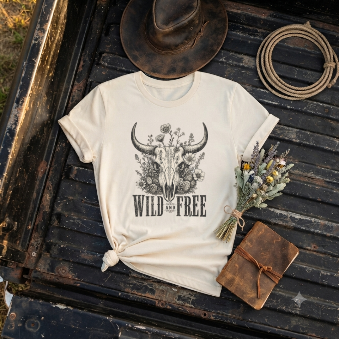 "Bull Skull, Wild & Free" Floral T-Shirt