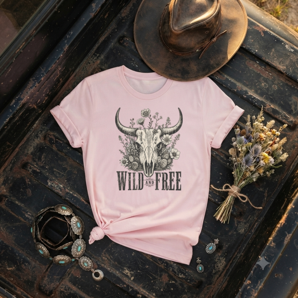 "Bull Skull, Wild & Free" Floral T-Shirt