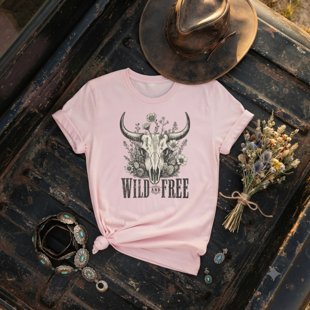 "Bull Skull, Wild & Free" Floral T-Shirt