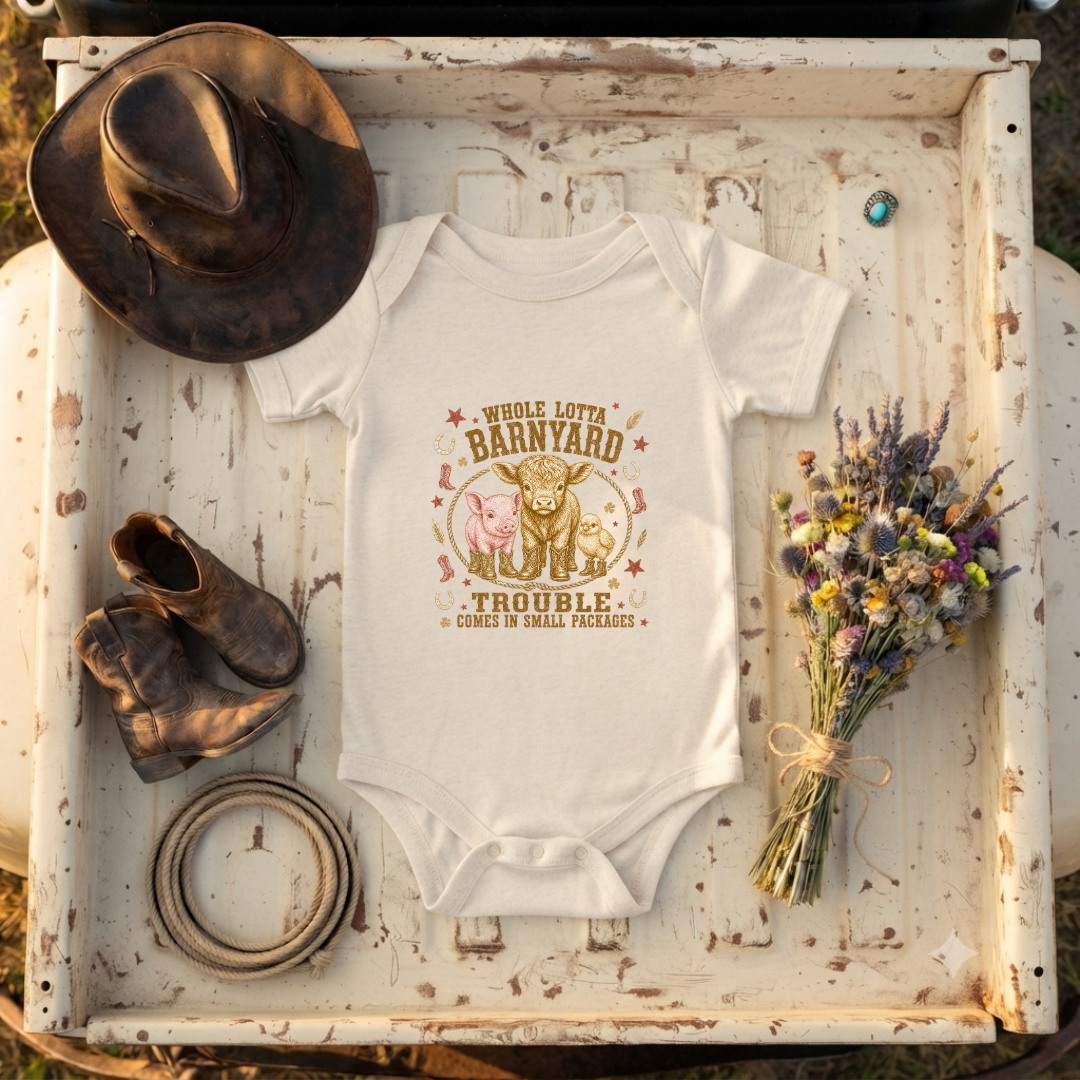 "Trouble in the Barnyard" Baby Onesie