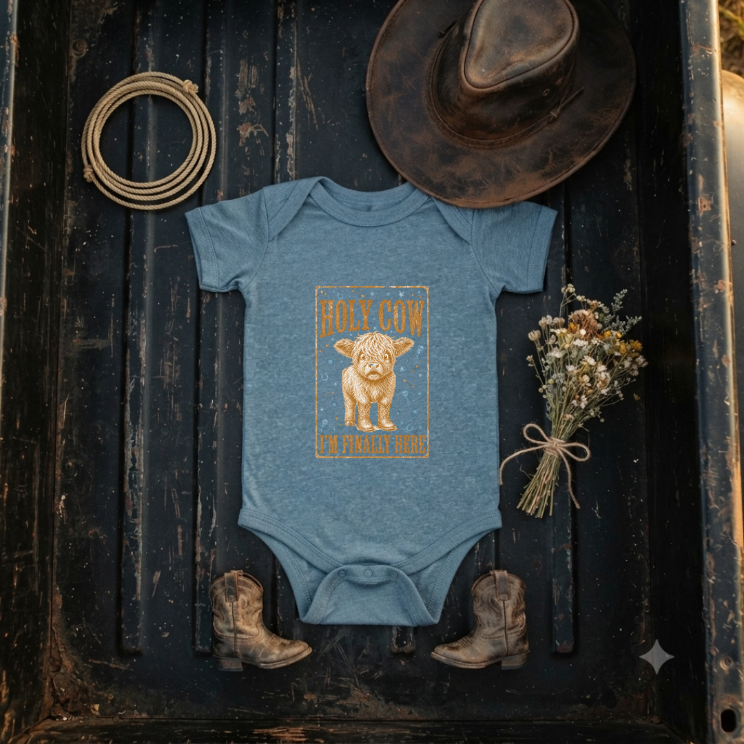 "Holy Cow, I'm Finally Here"  Baby Onesie