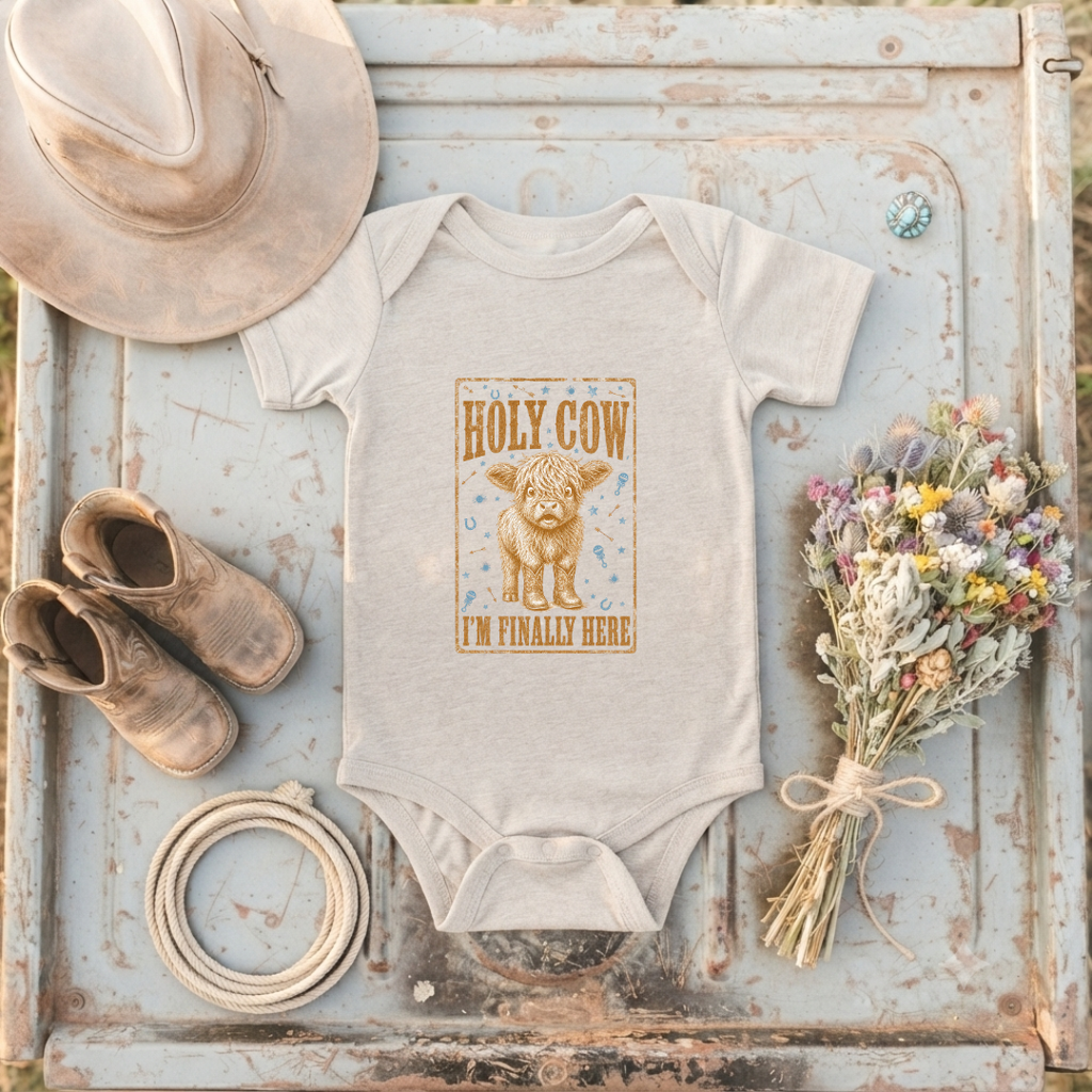 "Holy Cow, I'm Finally Here"  Baby Onesie