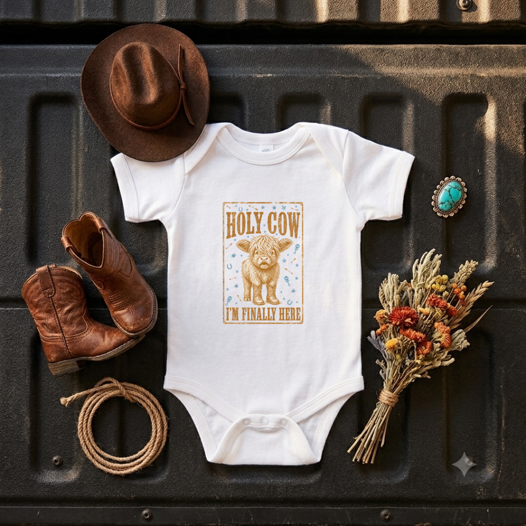 "Holy Cow, I'm Finally Here"  Baby Onesie