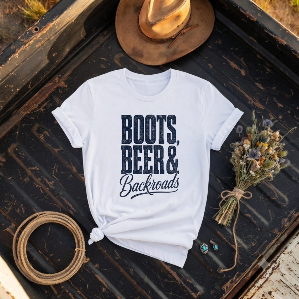 "Boots, Beer & Backroads" T-Shirt