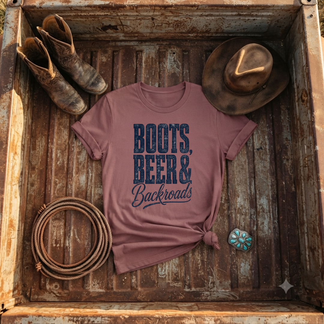 "Boots, Beer & Backroads" T-Shirt