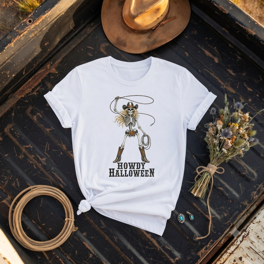 "Howdy Halloween Cowgirl Skeleton" Graphic T-Shirt