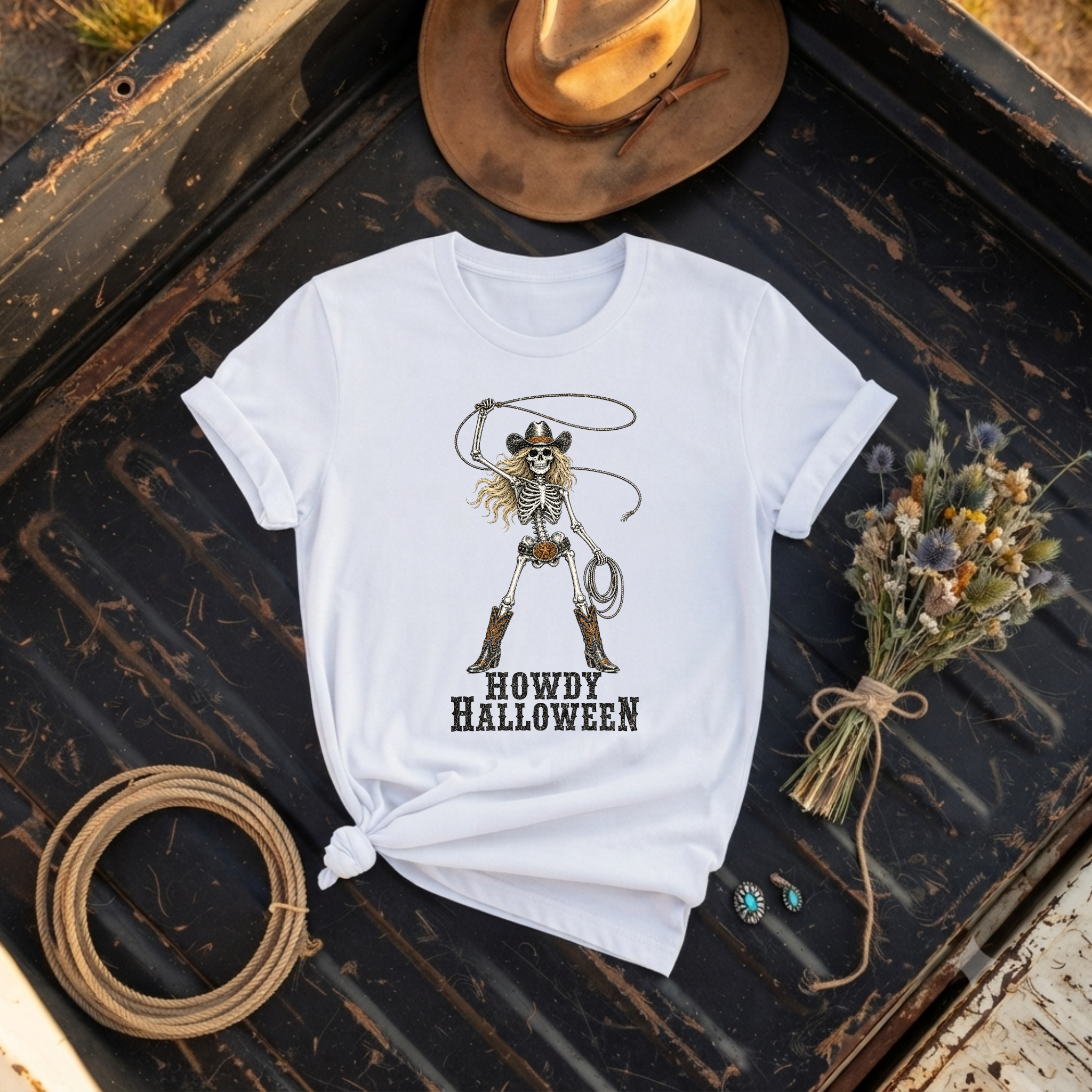 "Howdy Halloween Cowgirl Skeleton" Graphic T-Shirt