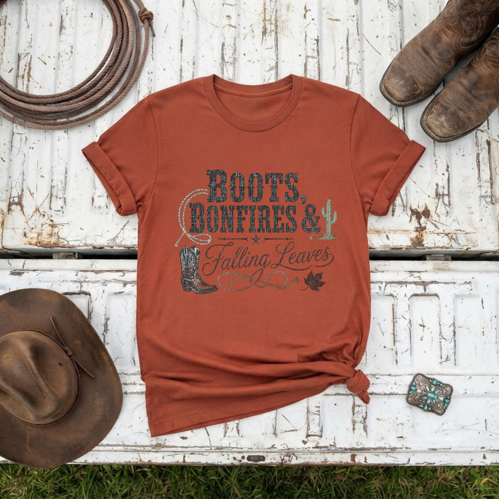 "Boots, Bonfires & Falling Leaves" Graphic T-Shirt