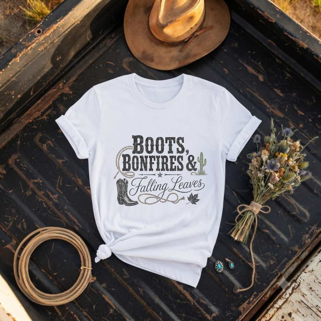 "Boots, Bonfires & Falling Leaves" Graphic T-Shirt
