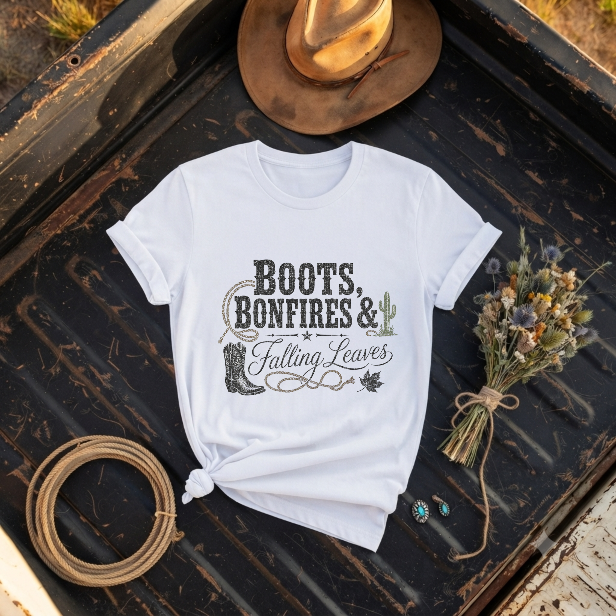 "Boots, Bonfires & Falling Leaves" Graphic T-Shirt