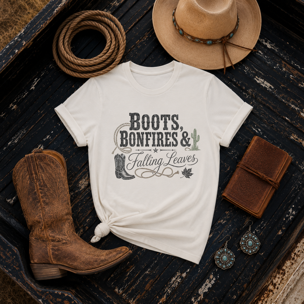 "Boots, Bonfires & Falling Leaves" Graphic T-Shirt