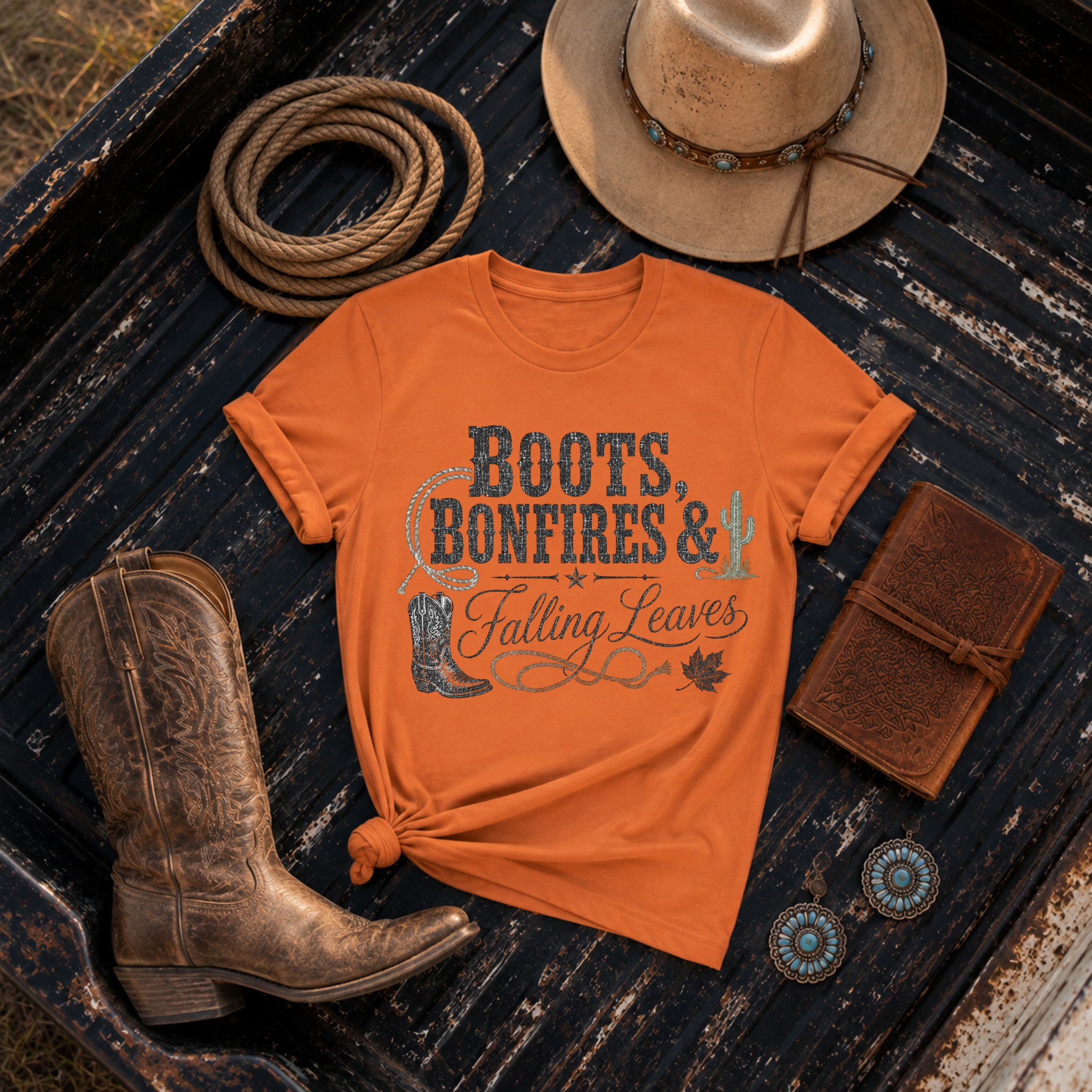 "Boots, Bonfires & Falling Leaves" Graphic T-Shirt