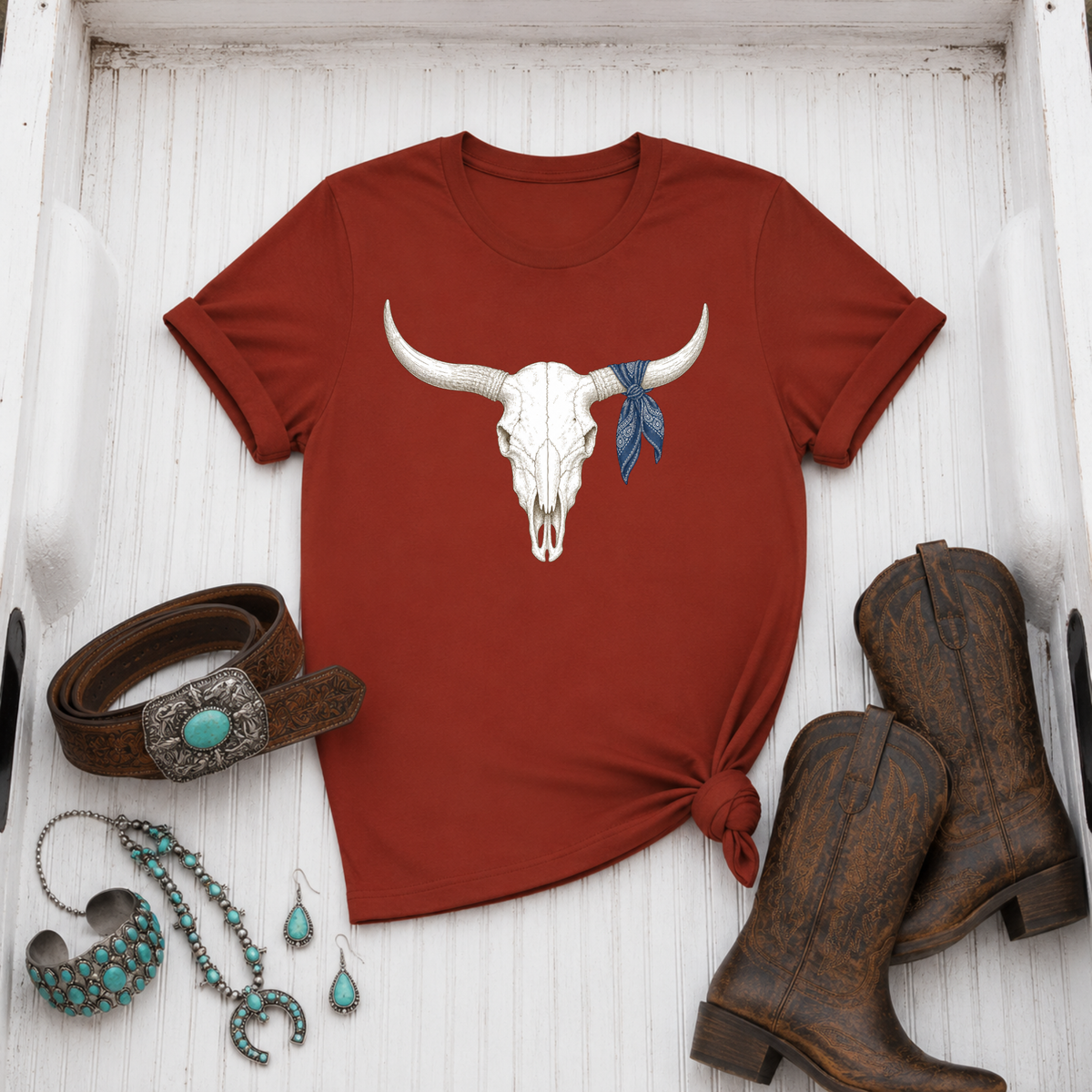 "Cow Skull Tee with Bandana" T-Shirt