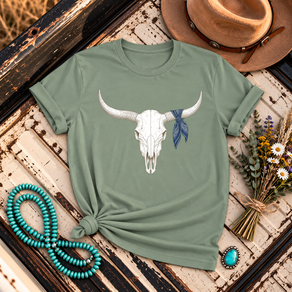 "Cow Skull Tee with Bandana" T-Shirt