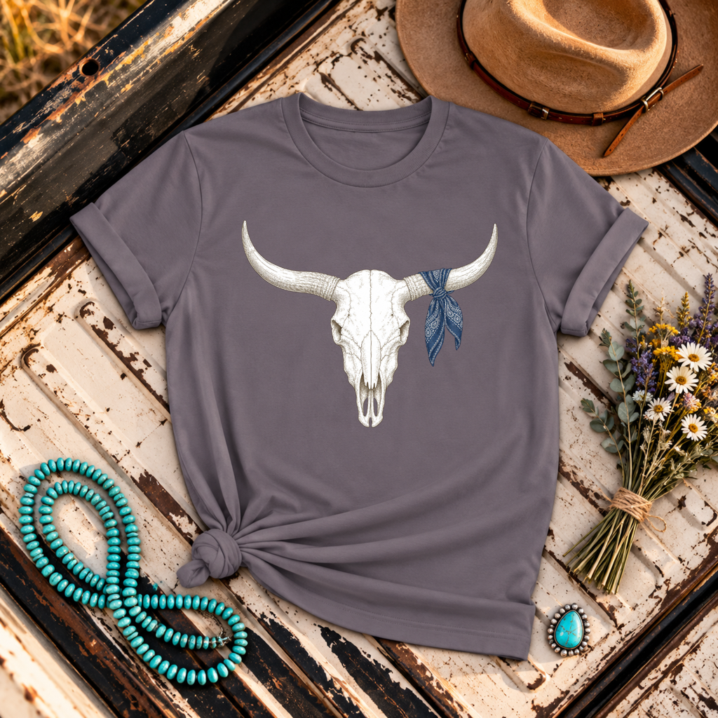"Cow Skull Tee with Bandana" T-Shirt