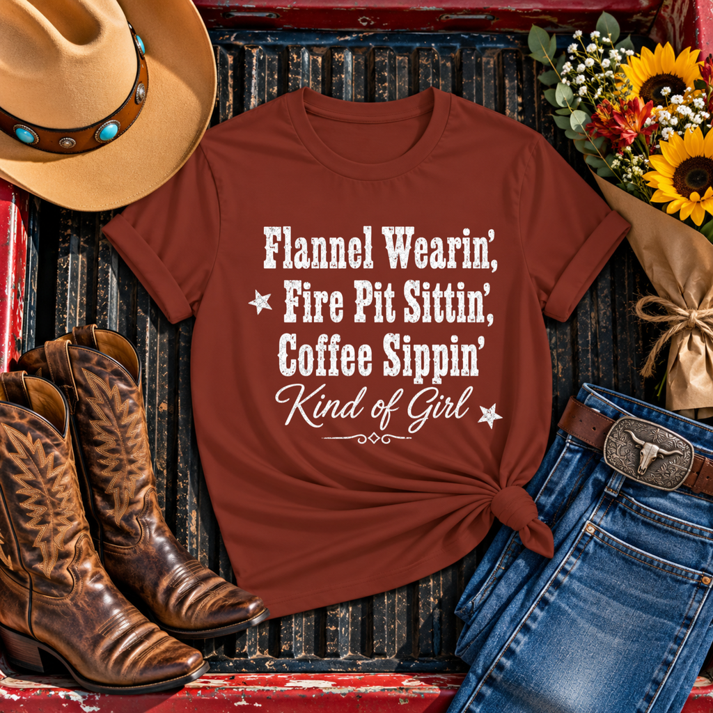 "Flannel Wearin', Fire Pit Sittin', Coffee Sippin'" T-Shirt