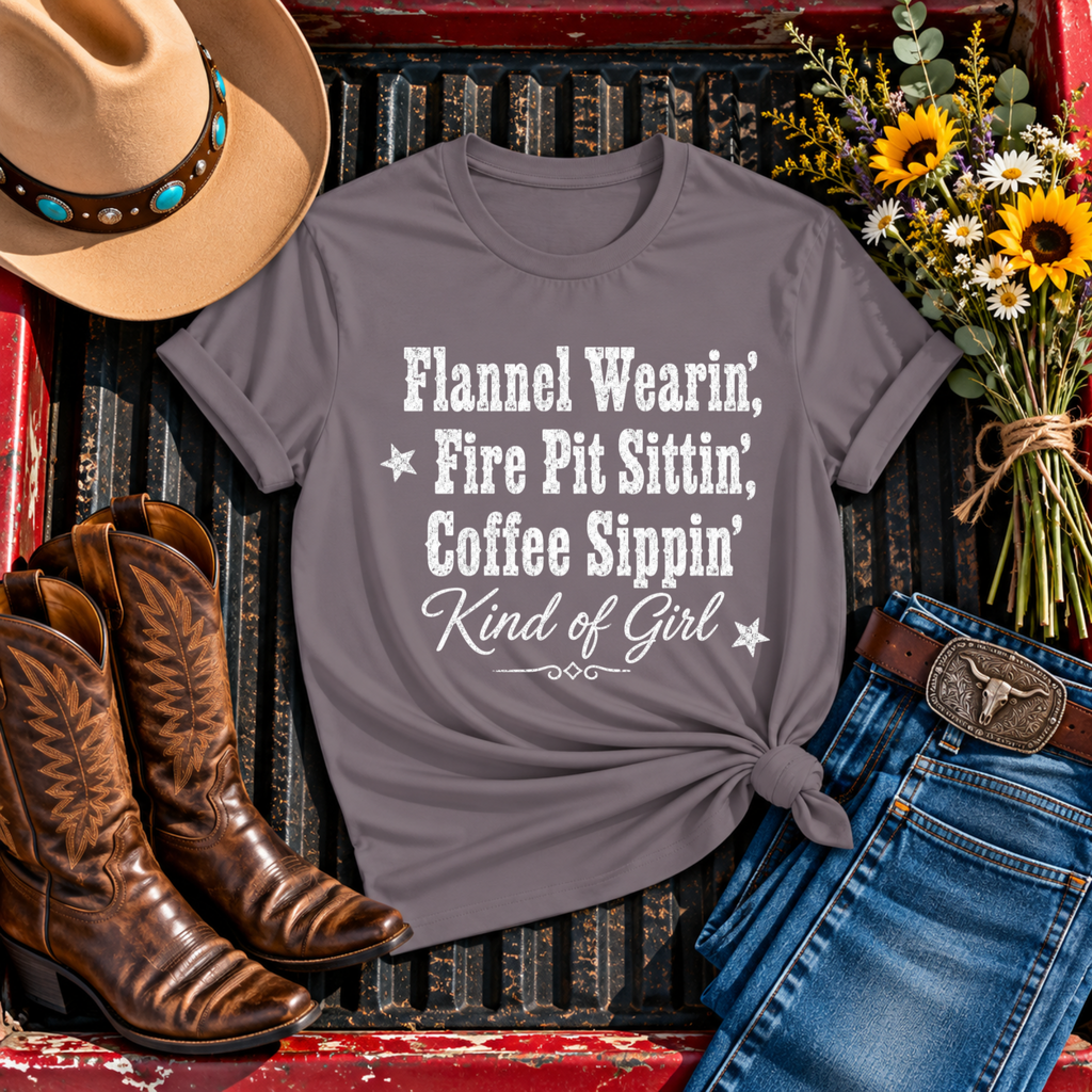 "Flannel Wearin', Fire Pit Sittin', Coffee Sippin'" T-Shirt