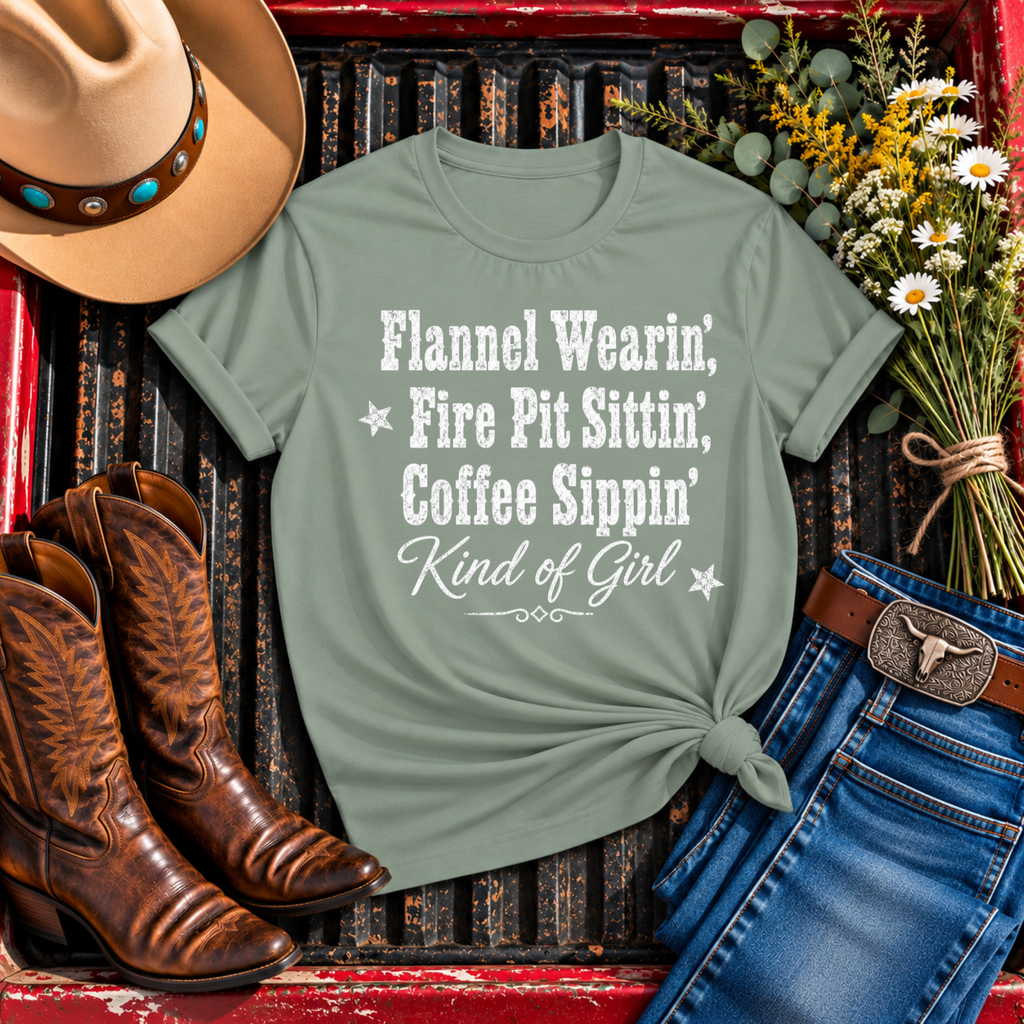 "Flannel Wearin', Fire Pit Sittin', Coffee Sippin'" T-Shirt