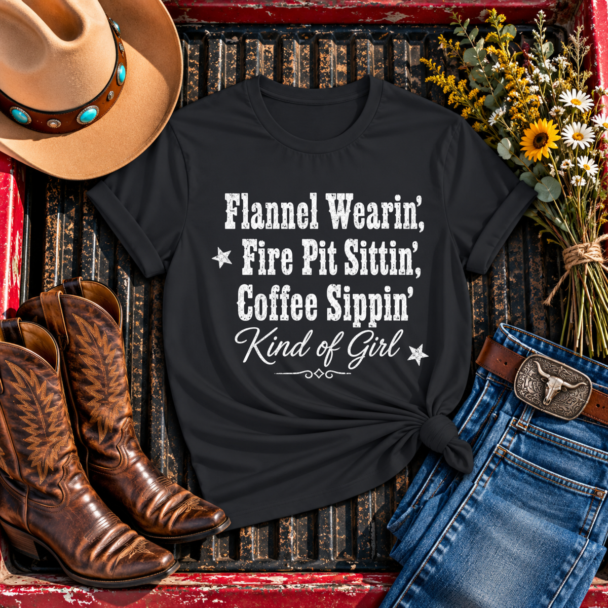 "Flannel Wearin', Fire Pit Sittin', Coffee Sippin'" T-Shirt
