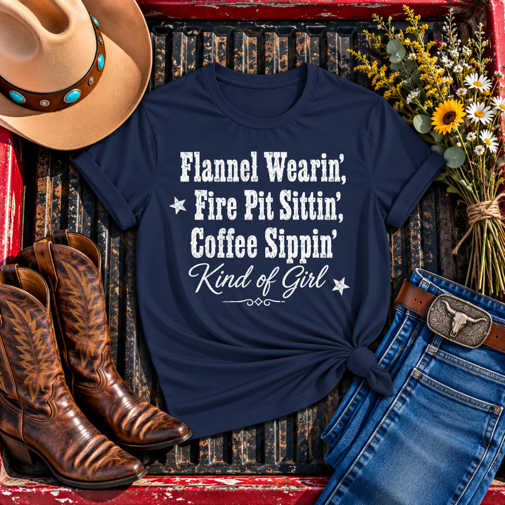 "Flannel Wearin', Fire Pit Sittin', Coffee Sippin'" T-Shirt