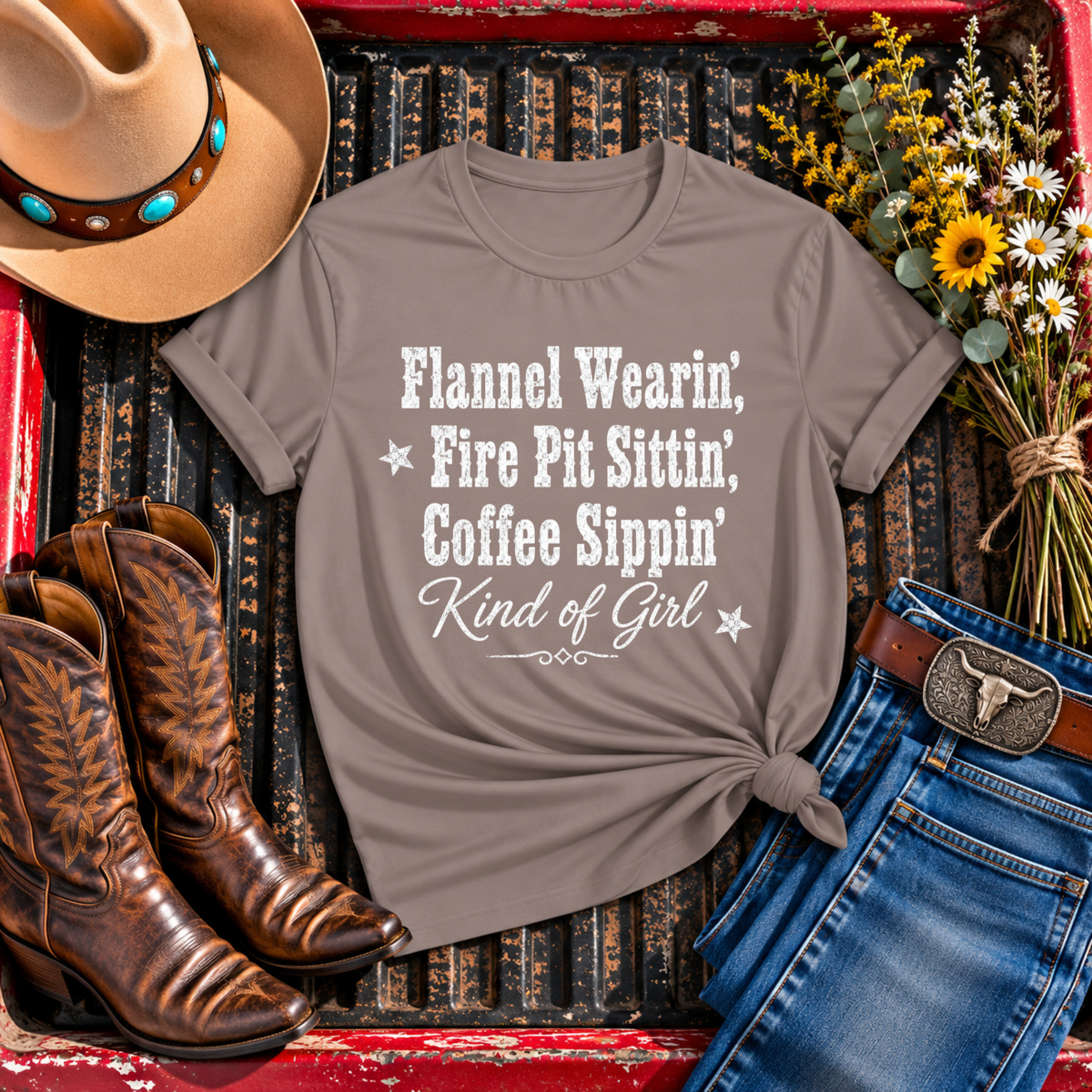 "Flannel Wearin', Fire Pit Sittin', Coffee Sippin'" T-Shirt