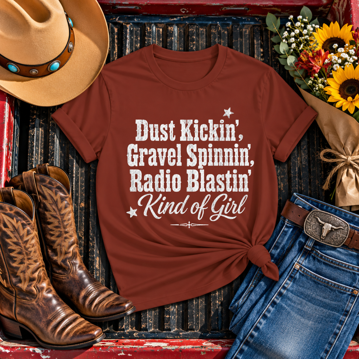 "Dust Kickin', Gravel Spinnin', Radio Blastin'" Tee — T‑Shirt