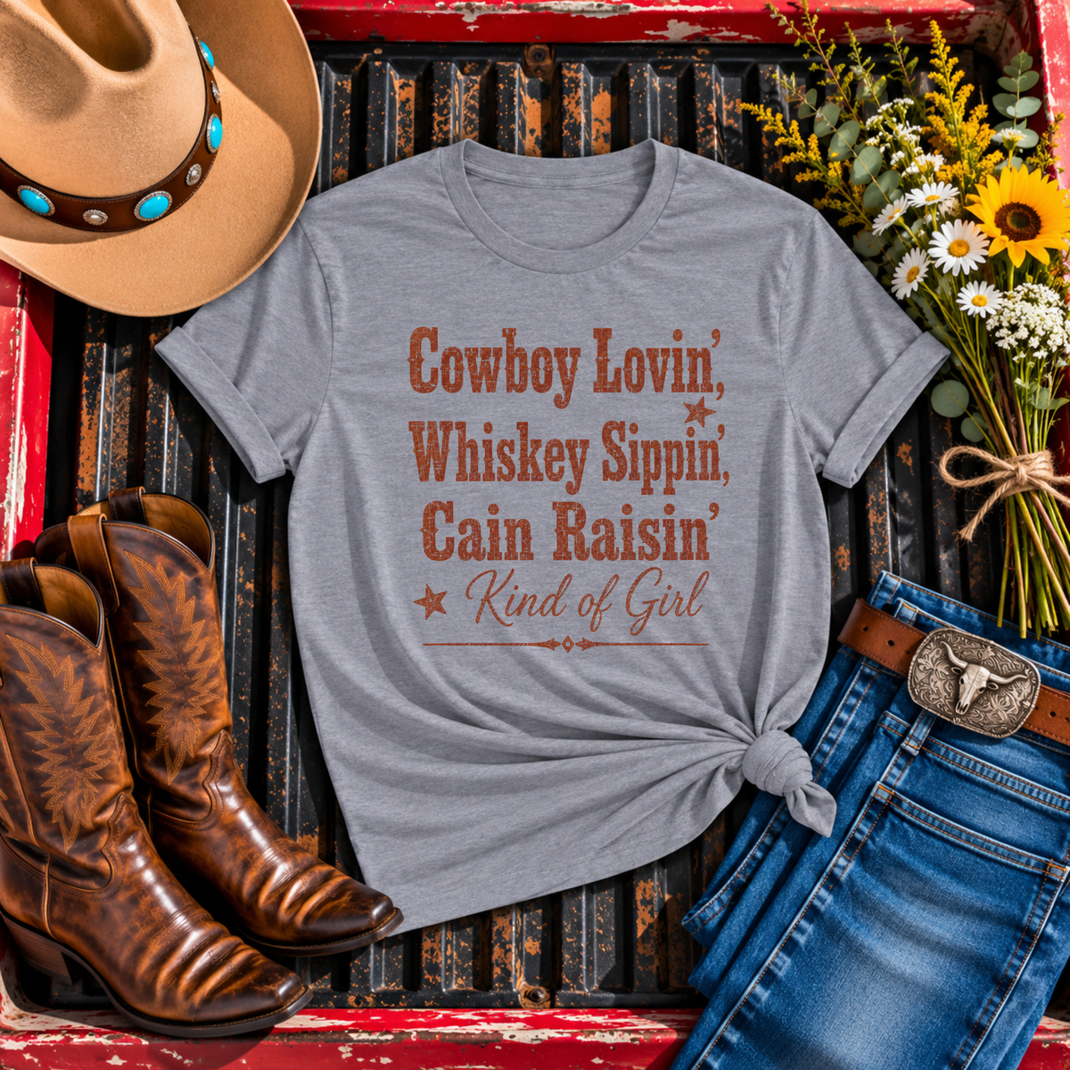"Cowboy Lovin', Whiskey Sippin', Cain Raisin'" T-Shirt
