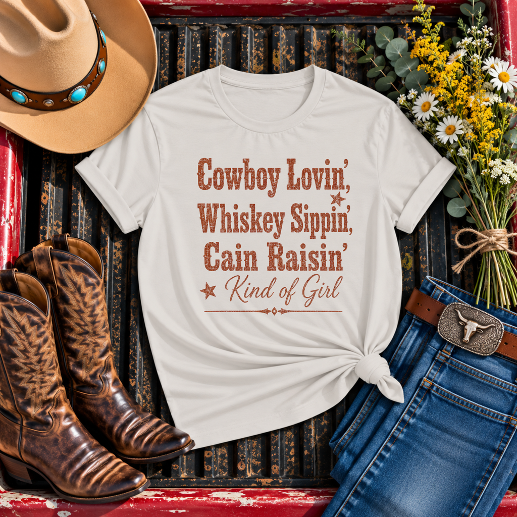 "Cowboy Lovin', Whiskey Sippin', Cain Raisin'" T-Shirt