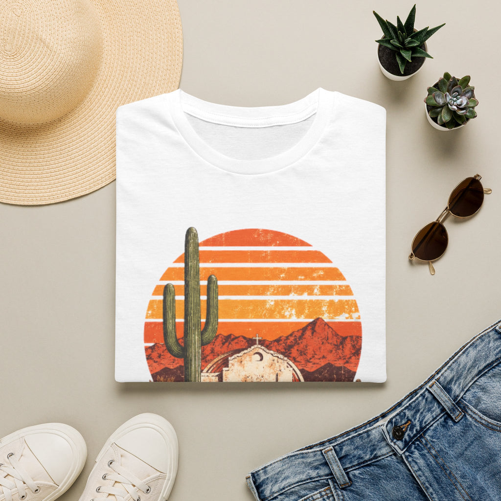 Desert Sunset T‑Shirt — Vintage Cactus & Adobe House Graphic