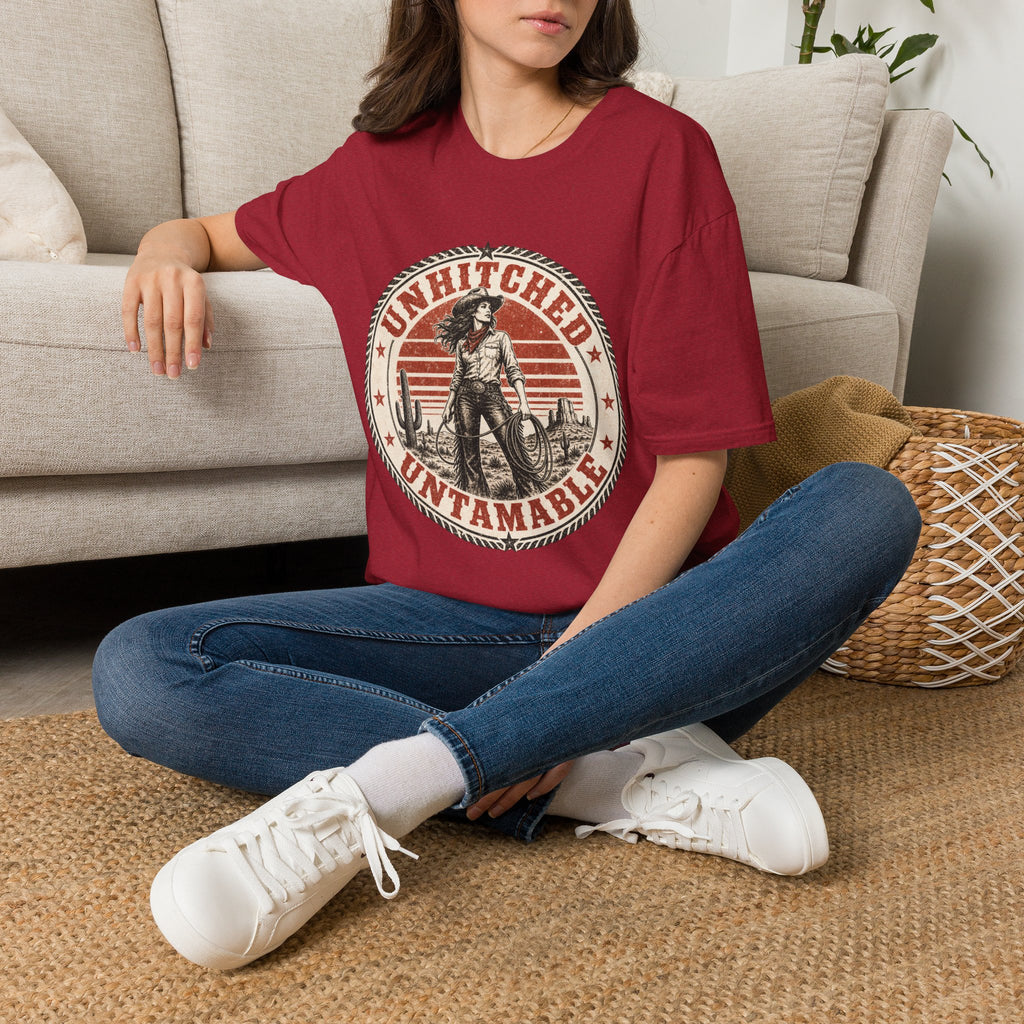 Unhitched Vintage Cowgirl T‑Shirt – “Unhitched & Untamable” Retro Western Graphic Tee
