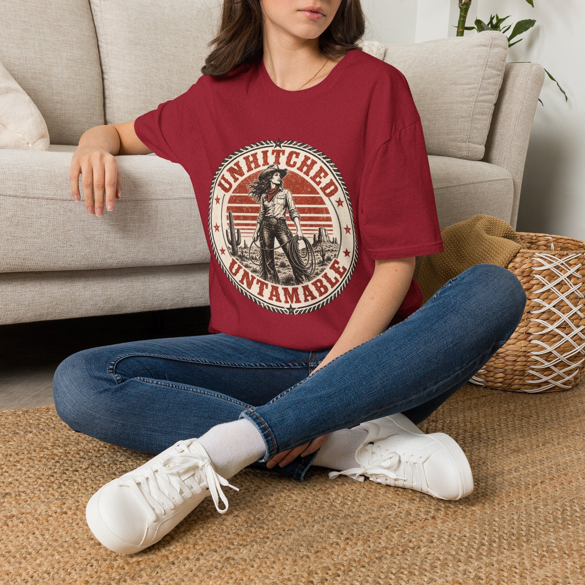 Unhitched Vintage Cowgirl T‑Shirt – “Unhitched & Untamable” Retro Western Graphic Tee