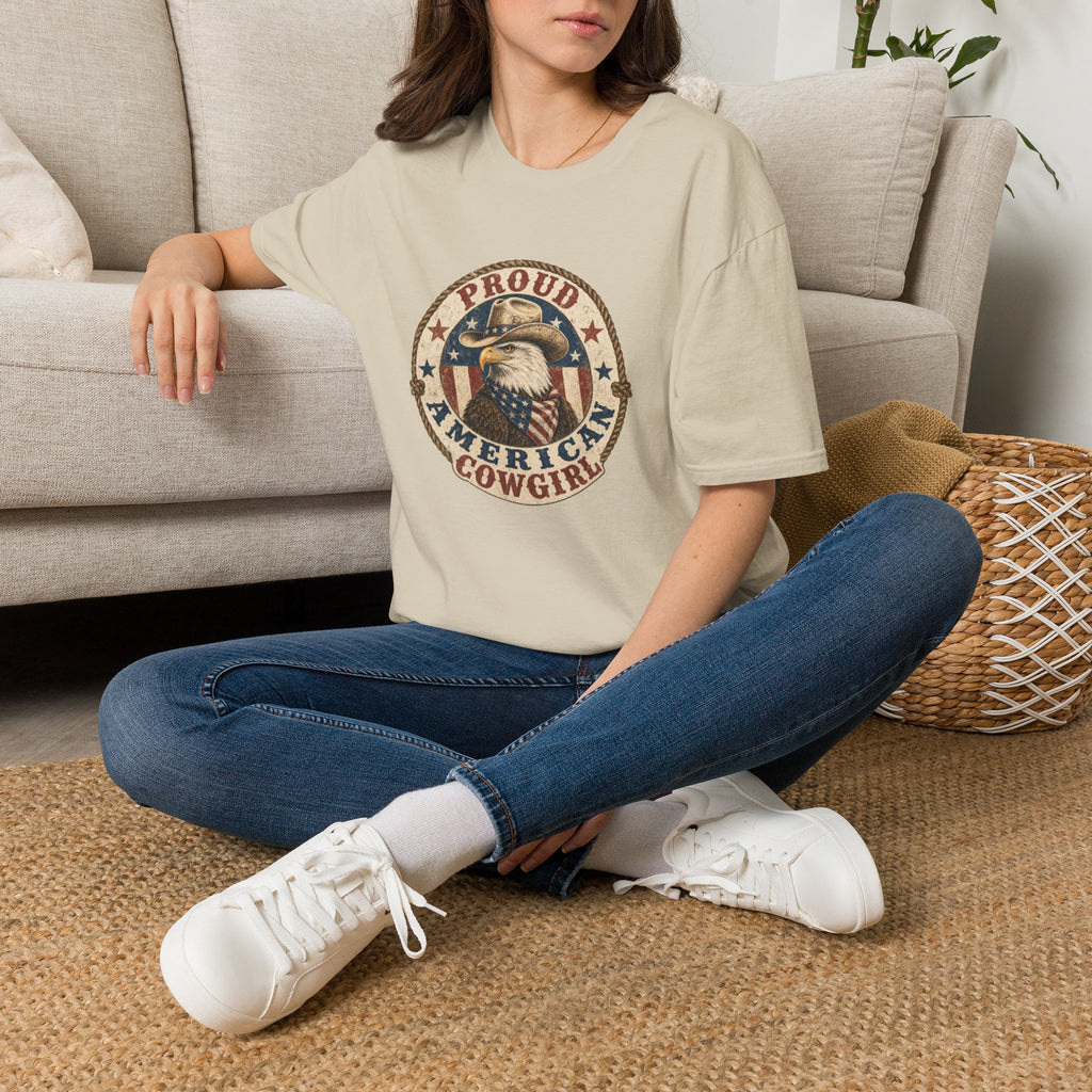Proud American Cowgirl T-Shirt — Vintage Eagle & Flag Graphic