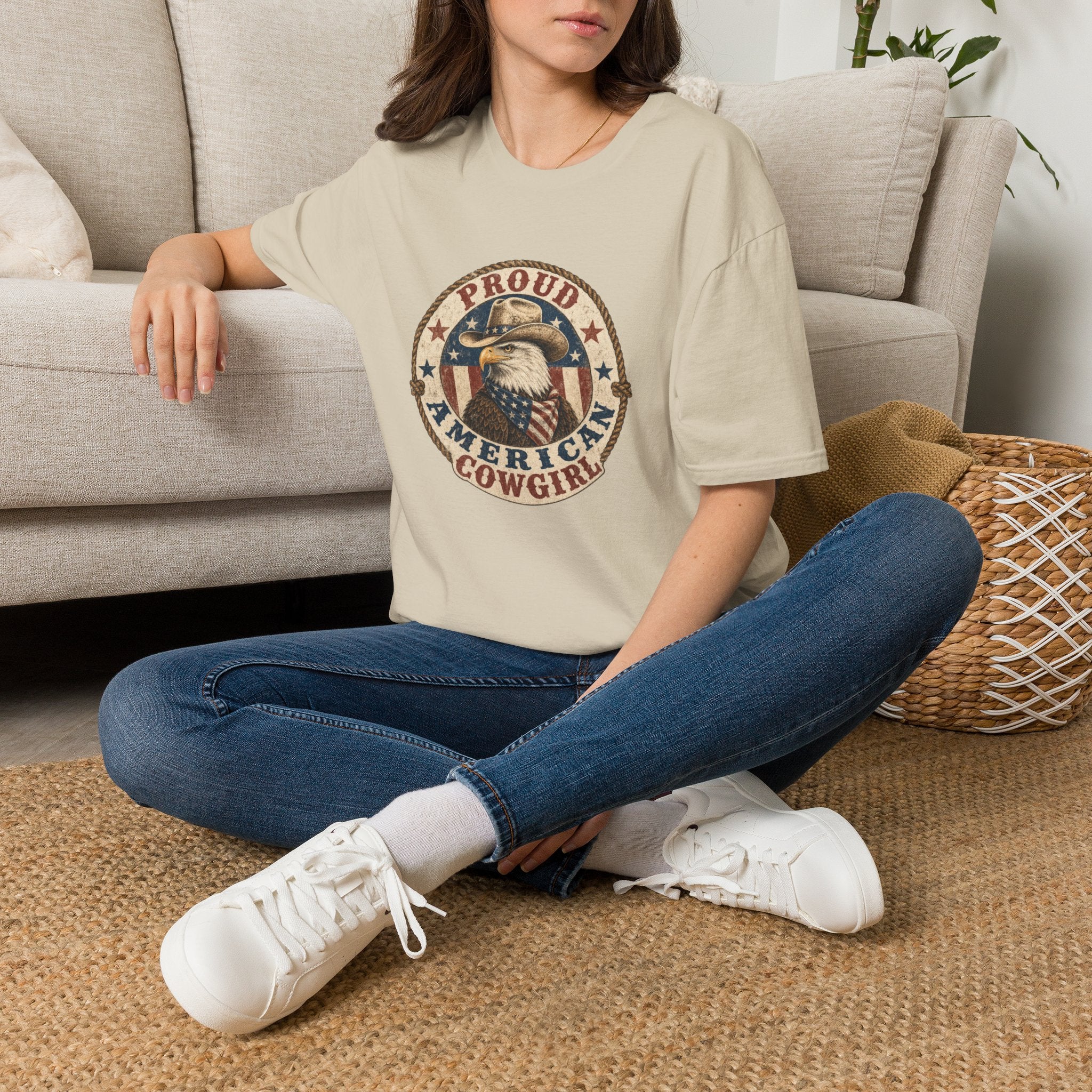 Proud American Cowgirl T-Shirt — Vintage Eagle & Flag Graphic