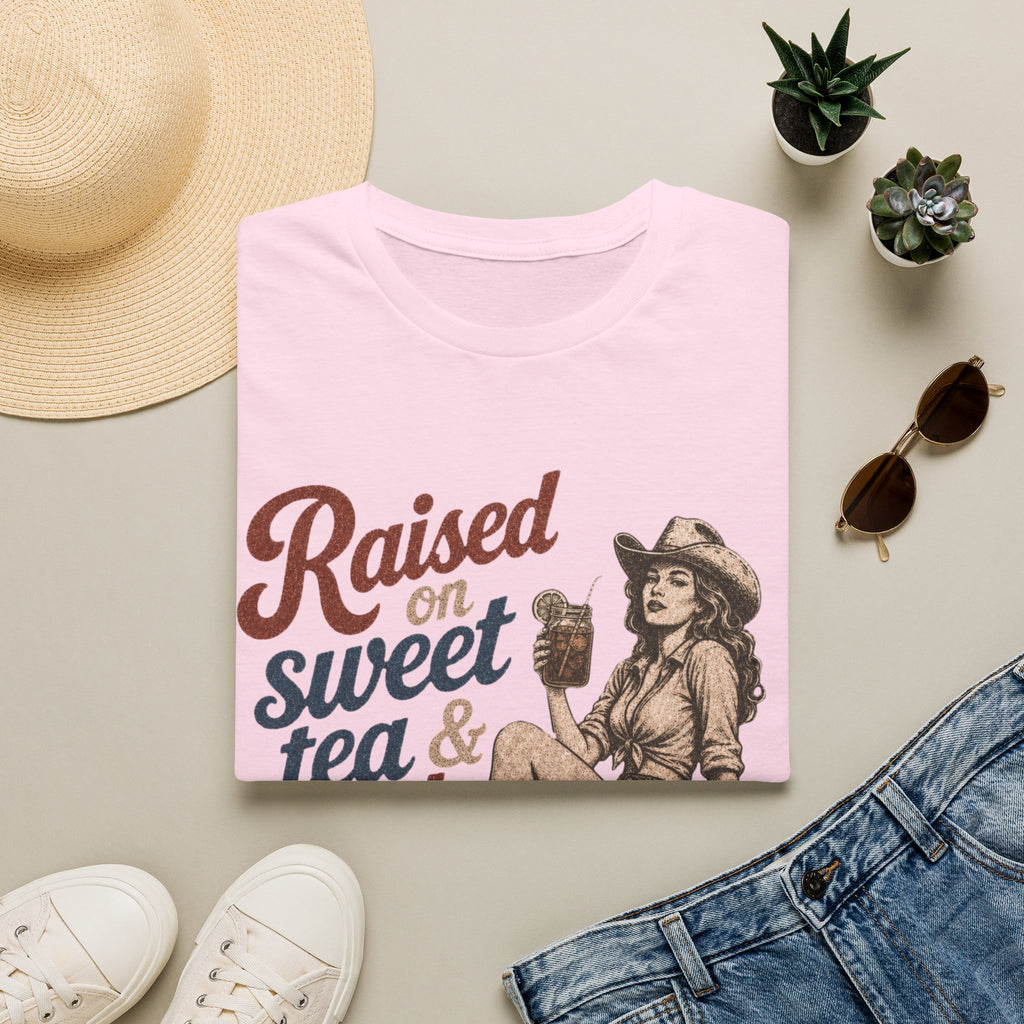 Raised on Sweet Tea & Bad Decisions T-Shirt — Southern Cowgirl Retro Graphic Tee