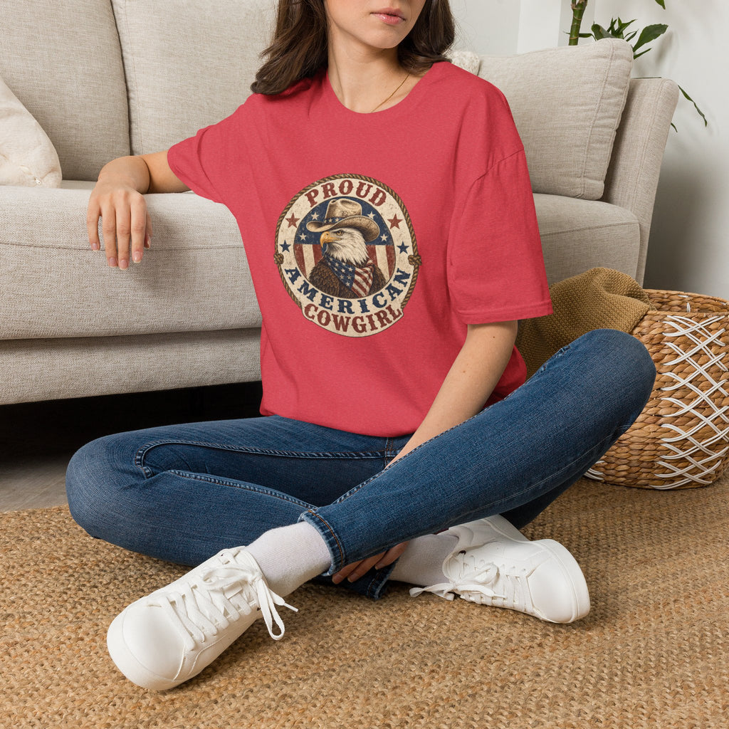 Proud American Cowgirl T-Shirt — Vintage Eagle & Flag Graphic