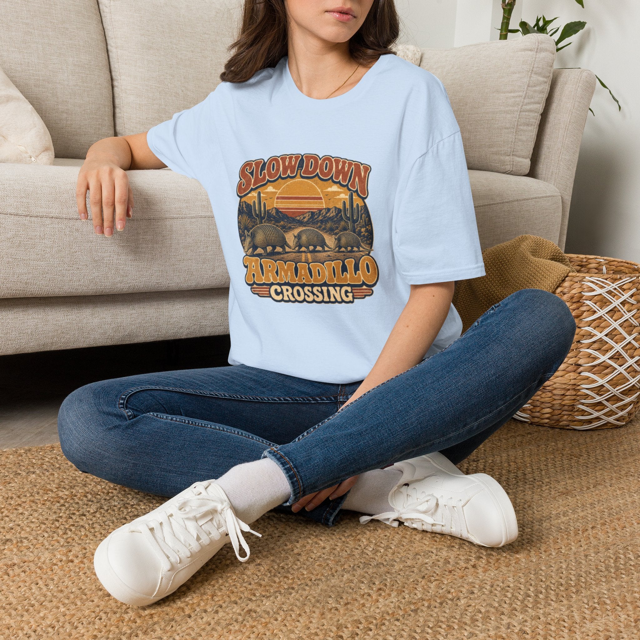 Slow Down Armadillo Crossing T-Shirt — Retro Desert Wildlife Graphic Tee