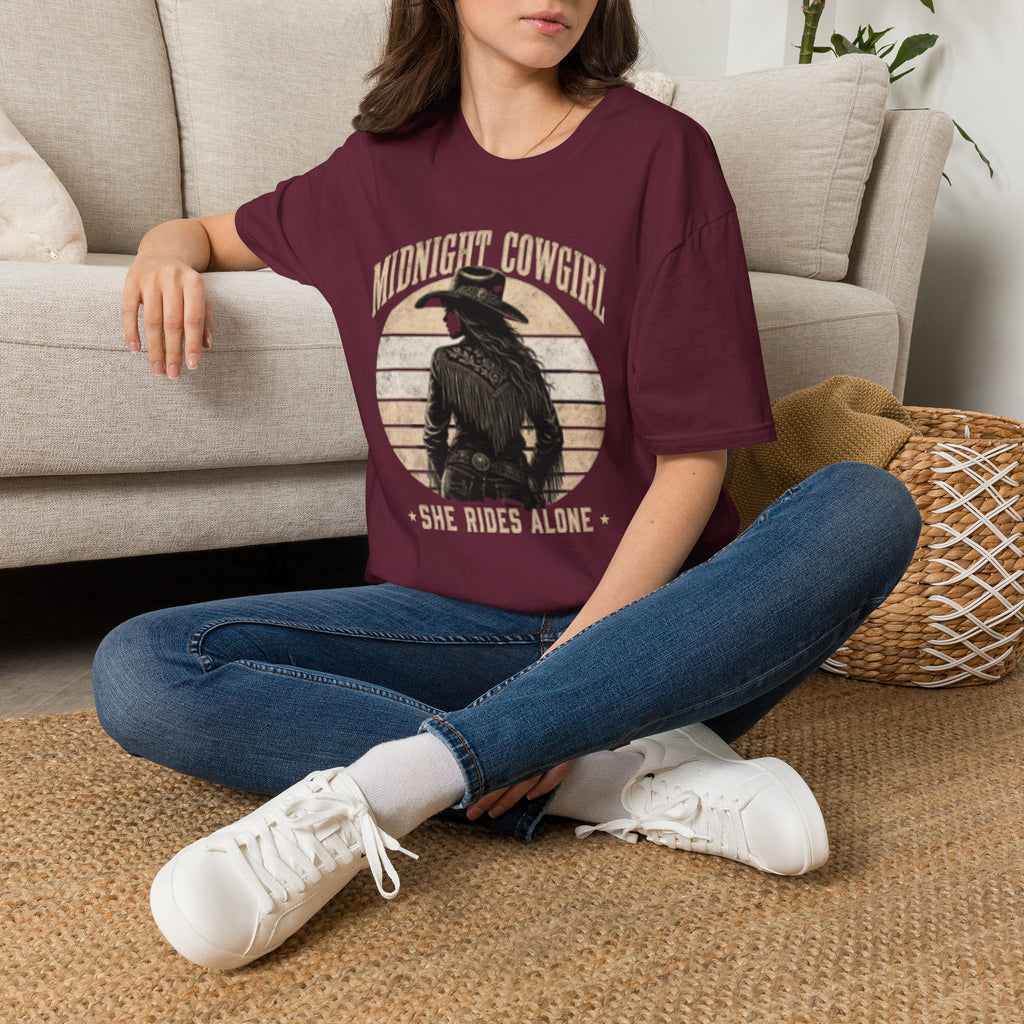 Midnight Cowgirl T‑Shirt — 'She Rides Alone' Western Graphic Tee