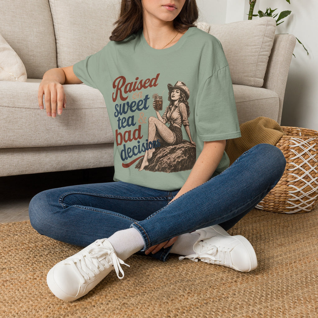 Raised on Sweet Tea & Bad Decisions T-Shirt — Southern Cowgirl Retro Graphic Tee