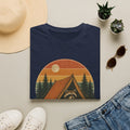 Camping Raccoon T-Shirt — Retro Sunset Tent Outdoor Graphic Tee
