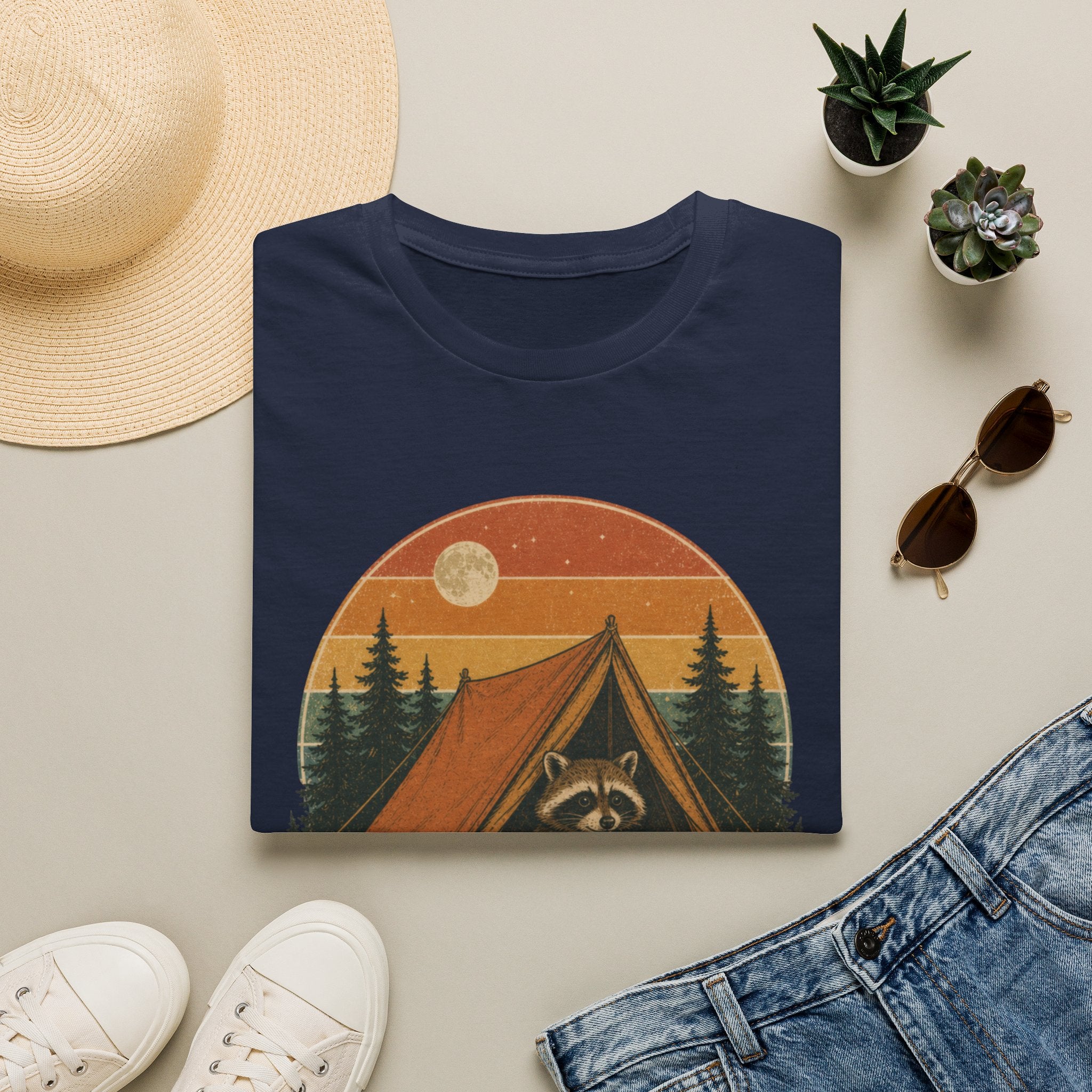 Camping Raccoon T-Shirt — Retro Sunset Tent Outdoor Graphic Tee