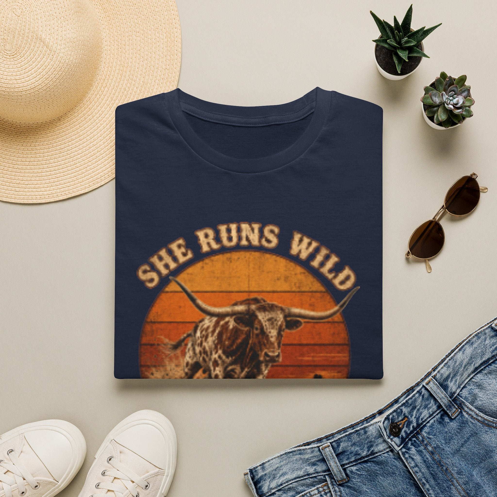 T-Shirt — "She Runs Wild" Western Longhorn Retro Graphic Tee